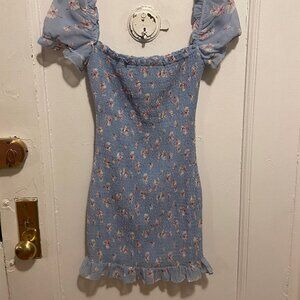 Etoile Blue and Pink Floral Stretch Dress with Cap Sleeves